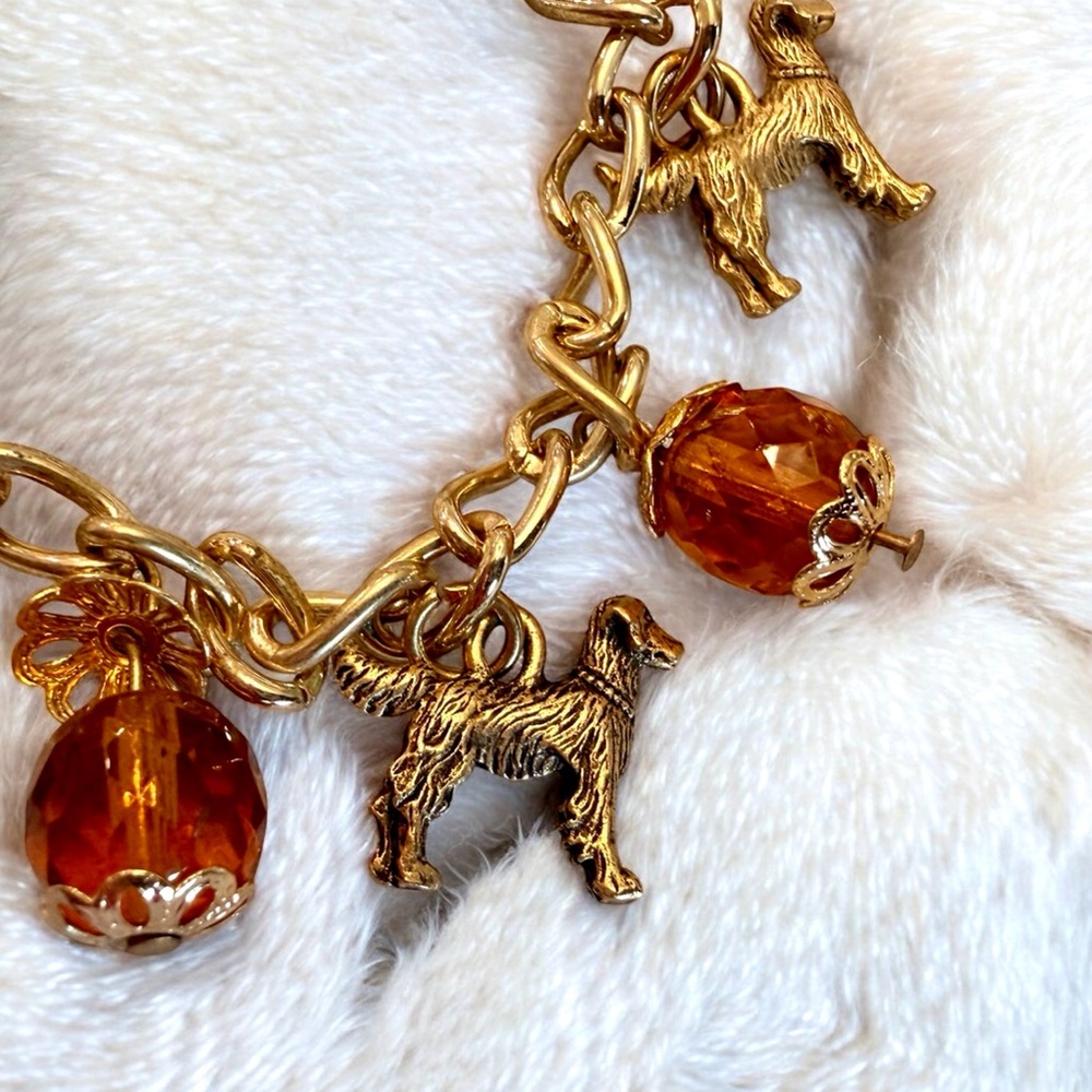 Vintage Gold Charm Bracelet Dogs Amber Beads Toggle Clasp Whimsical Equestrian - Picture 3 of 6